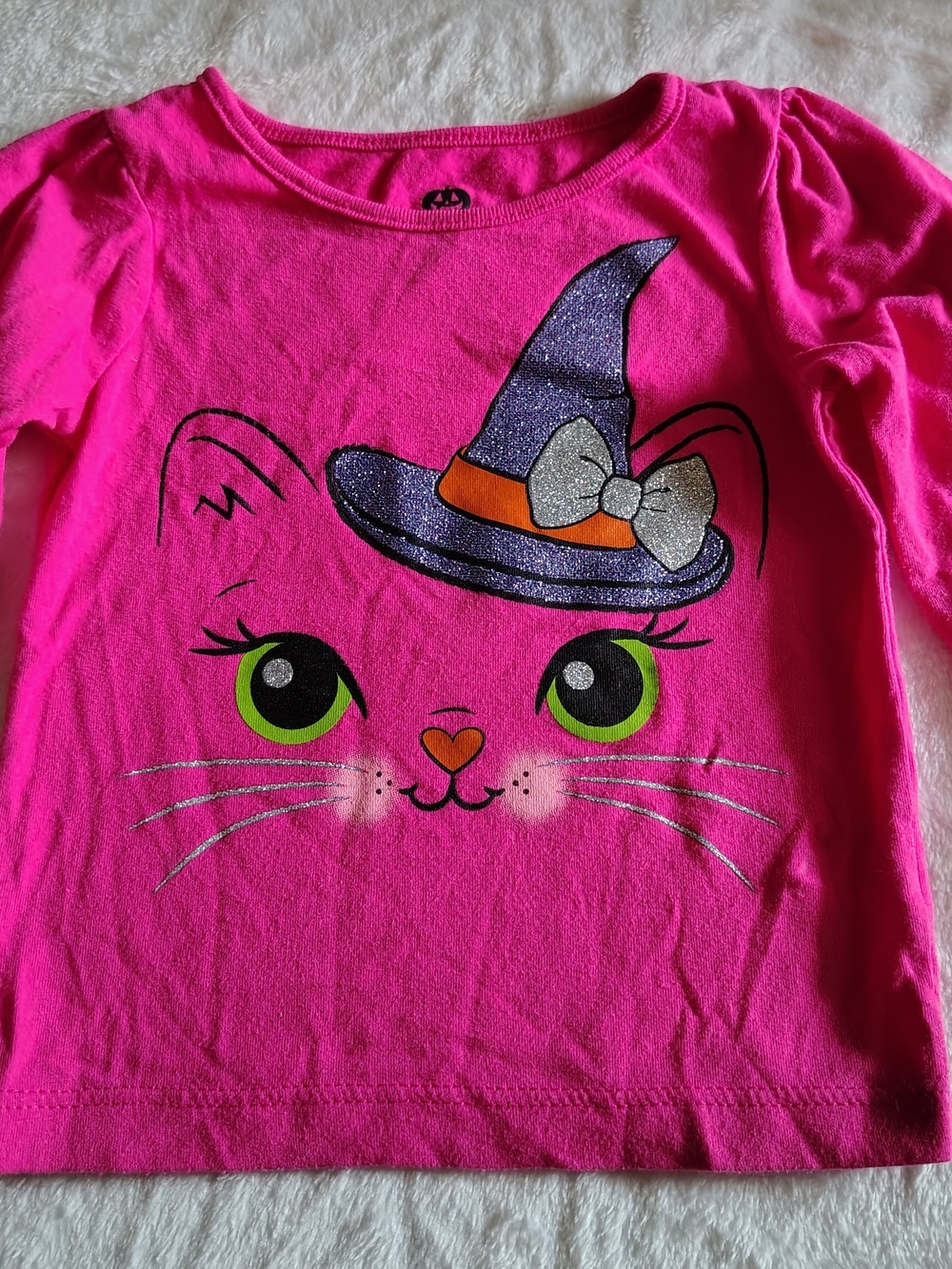 Girls' Hot Pink Cat Face Long-Sleeve Top with Glitter Witch Hat